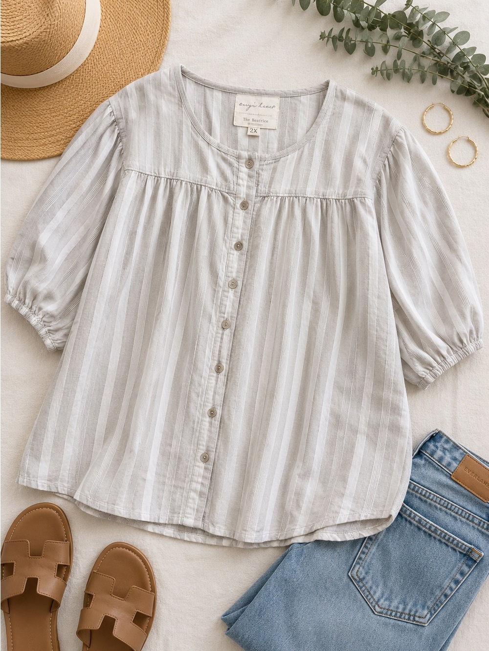 Evy’s Tree Beatrice Coastal Cottagecore Striped Cotton Blouse Plus Size 2X D41